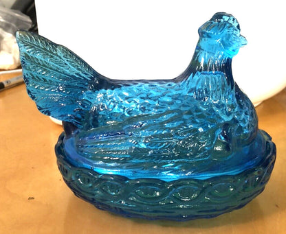 Vintage Blue Aqua Teal Glass Chicken w/Chicks Candy Trinket Dish With Lid