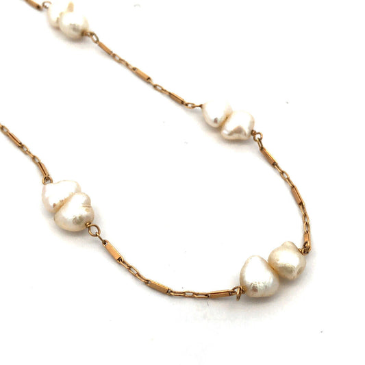 Estate 14K Yellow Gold White Pearl Beaded Bar Link Chain Layering Necklace