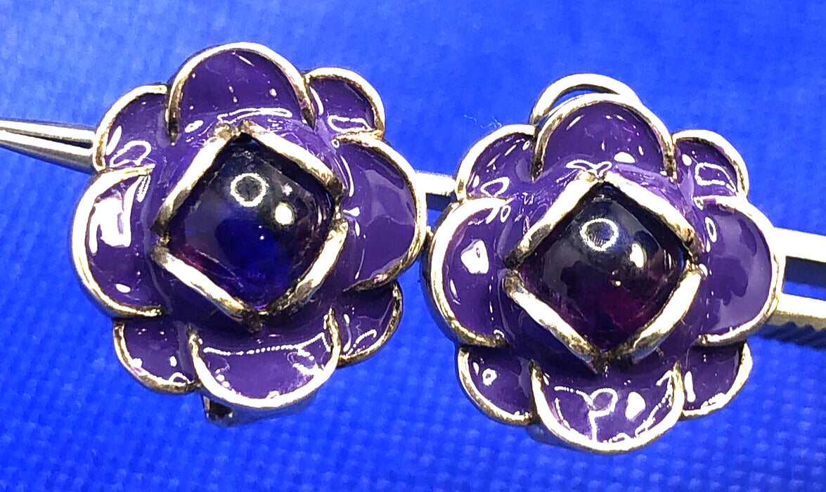 Designer MG 925 Sterling Silver Amethyst Purple Enamel Flower Stud Earrings