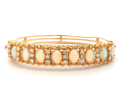 Vintage Jack Gutschneider 14k Yellow Gold Filigree Opal Diamond Cuff Bracelet