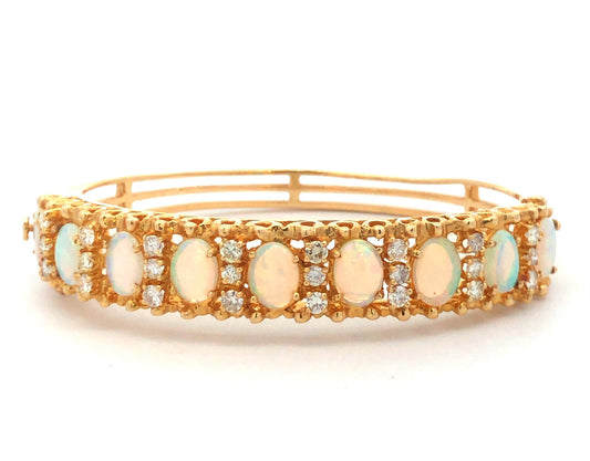 Vintage Jack Gutschneider 14k Yellow Gold Filigree Opal Diamond Cuff Bracelet