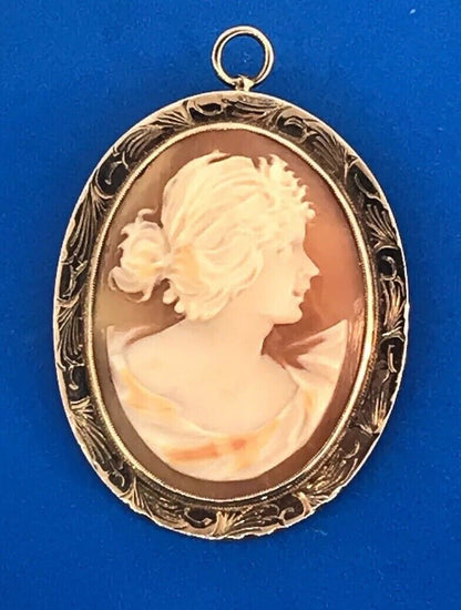 Victorian 10K Yellow Gold Oval Carved Cameo Floral Scroll Brooch Pendant