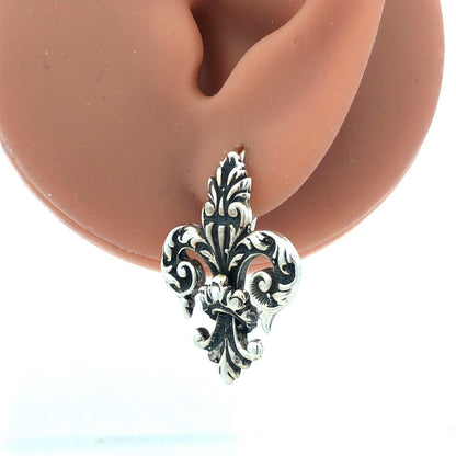 Vintage 925 Sterling Silver Scroll Filigree Textured Fleur De Lis Hook Earrings