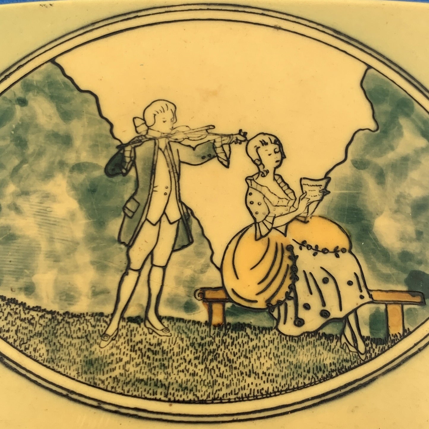 1930s France Celluloid Bakelite Painted Etched Courting Couple Belt Buckle