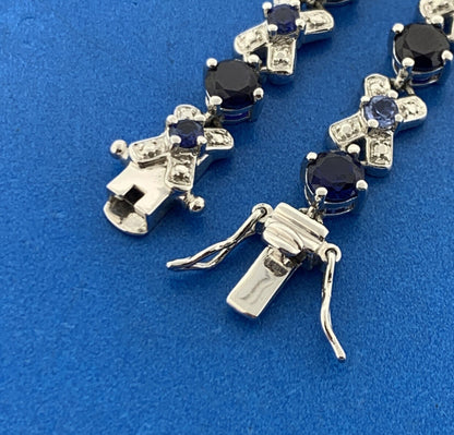 Designer 925 Sterling Silver Blue Sapphire Diamond X O Statement Tennis Bracelet