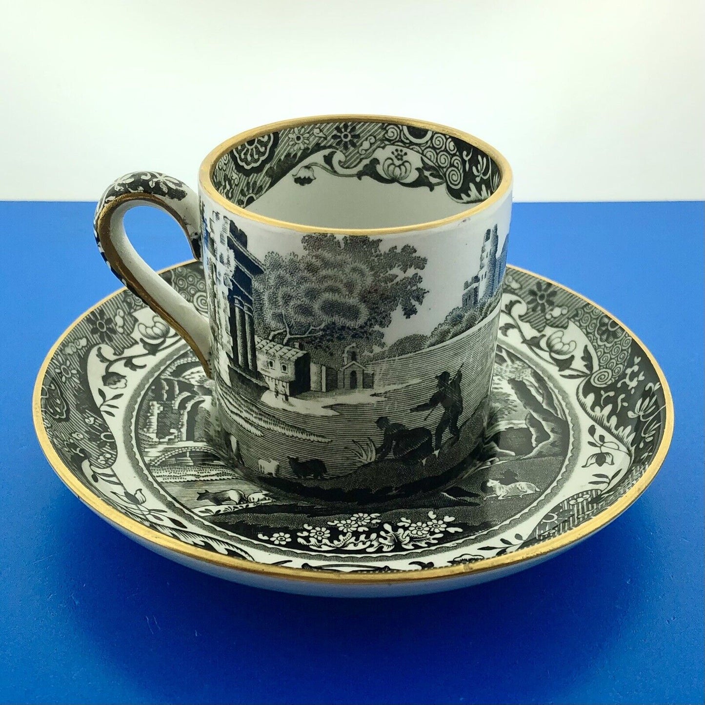 Spode England Woodland Black White Landscape Design Demitasse Cup W/Saucer 2 Pcs