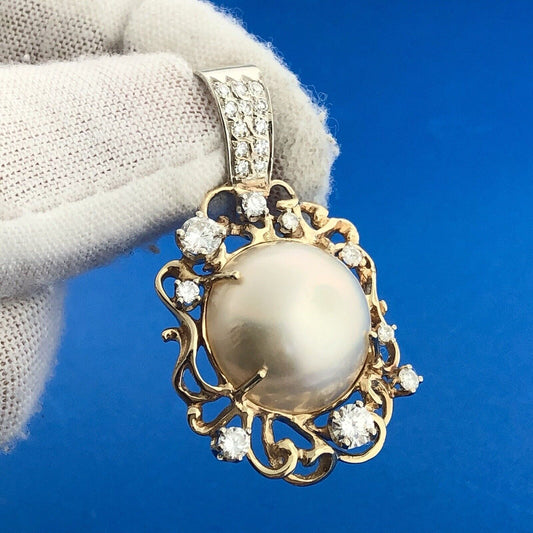 Retro 14K Yellow Gold Mabe Pearl Diamond Accent Free Form Statement Pendant