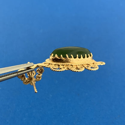 Vintage 14K Yellow Gold Marquis Jade Cabochon Filigree Dangle Drop Earrings