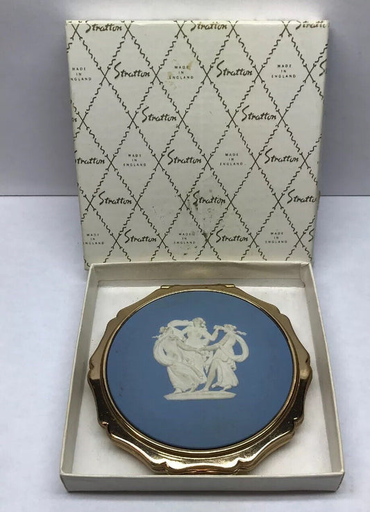 Vintage Stratton Of England Blue WedgeWood Maids Dancing Gold Tone Compact