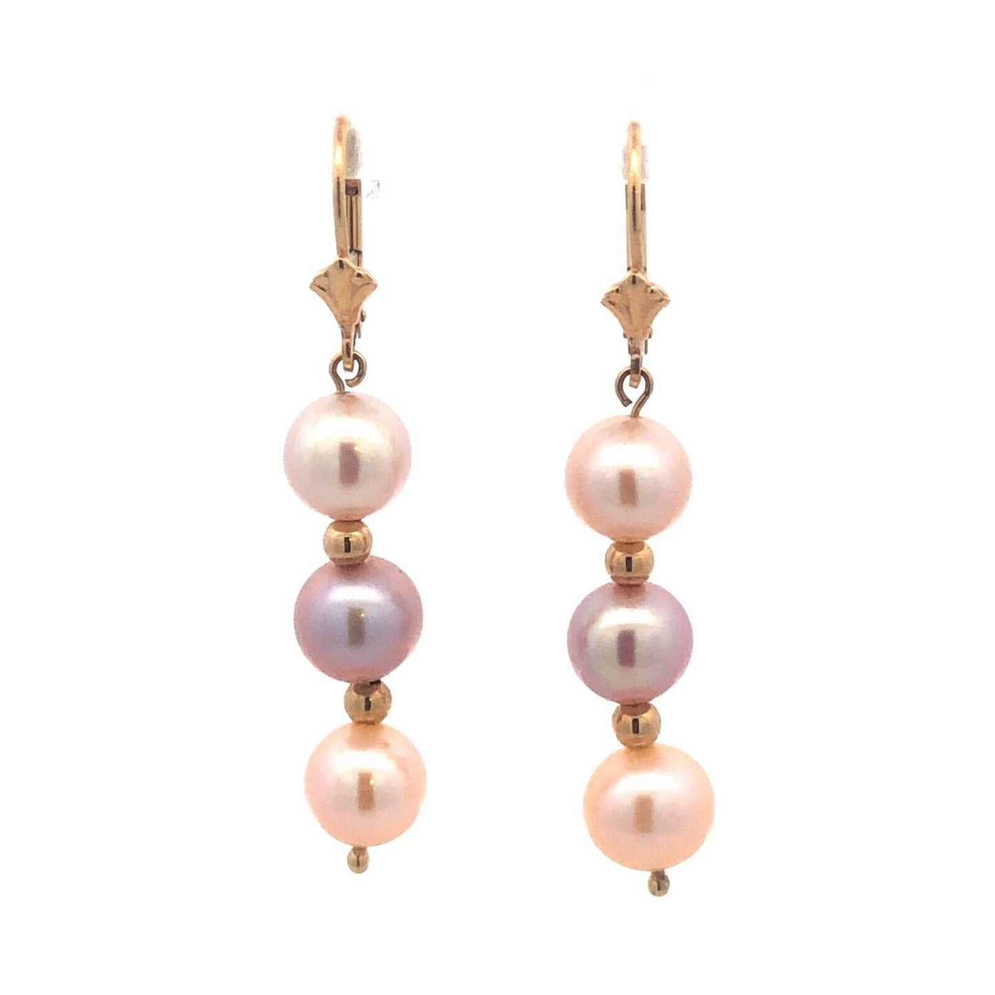 Designer 14K Yellow Gold Round Pink Pearl Beaded Dangle Earrings