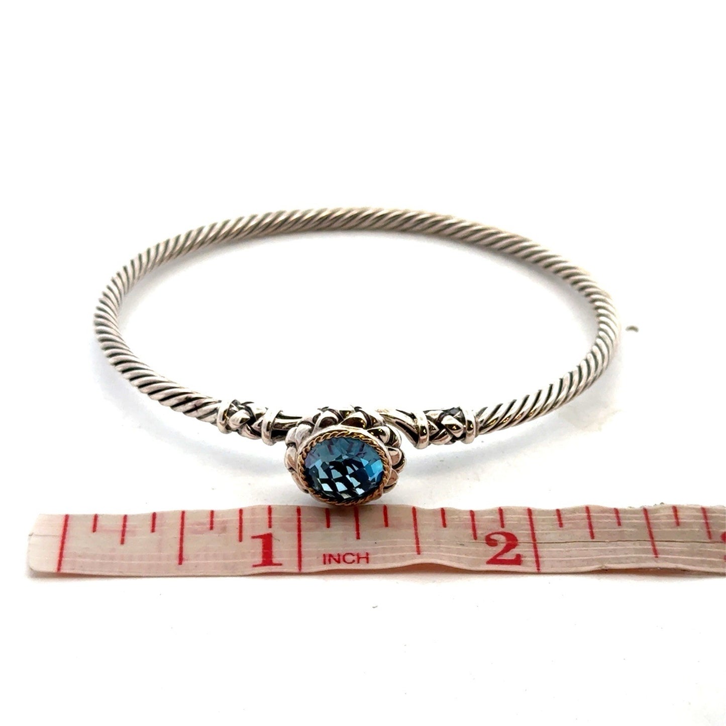 EFFY 925 Sterling Silver 18K Solitaire Blue Topaz Twisted Wire Hook Bracelet