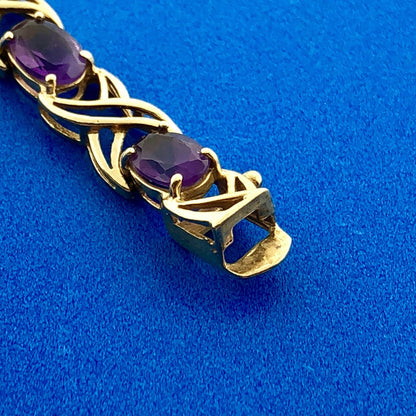 14K Solid Yellow Gold Oval Cut Amethyst X and O Design Tennis Bracelet