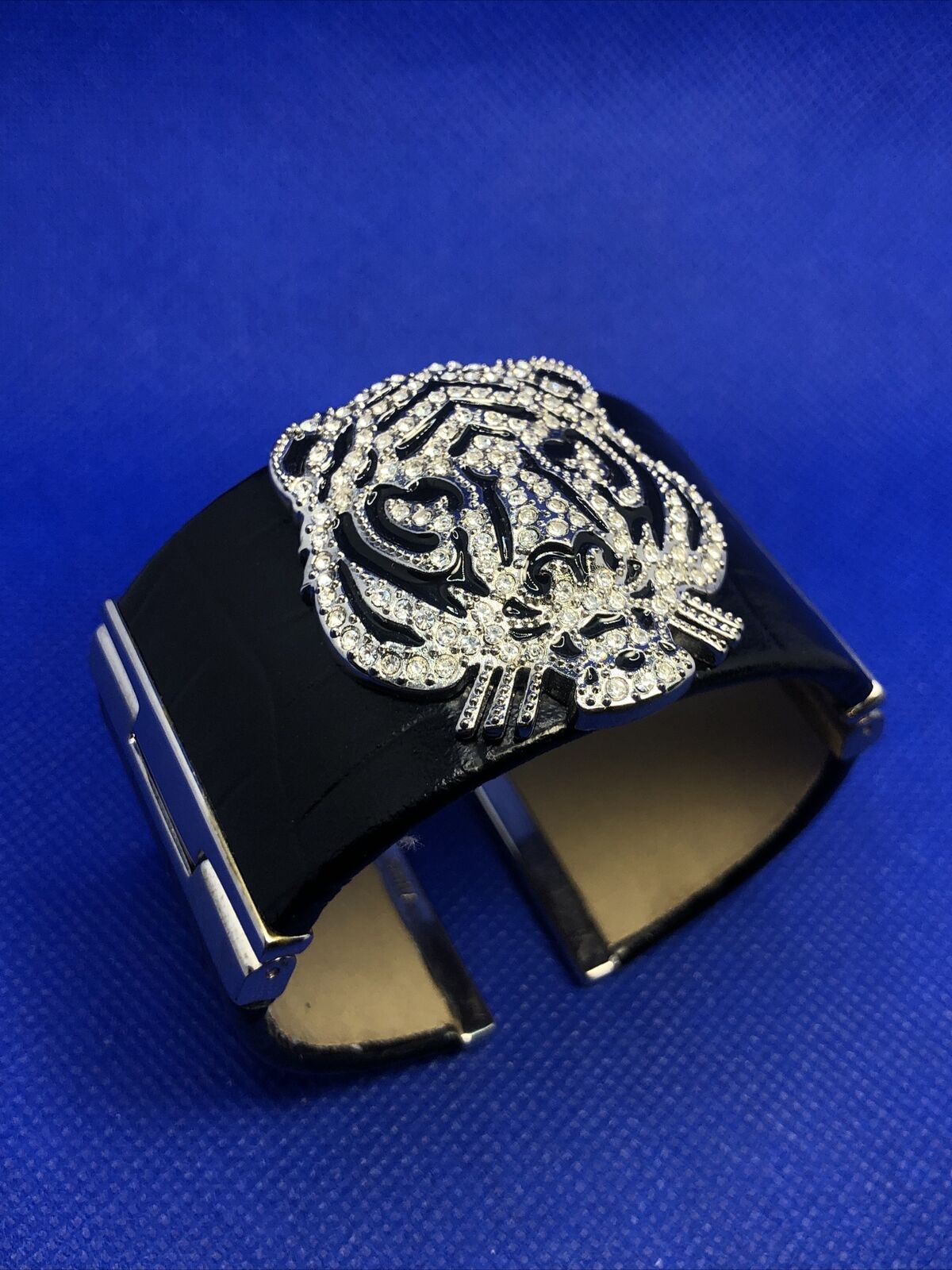 Genuine Black Leather CZ Black Enamel Tiger Head Statement Hinged Cuff Bracelet