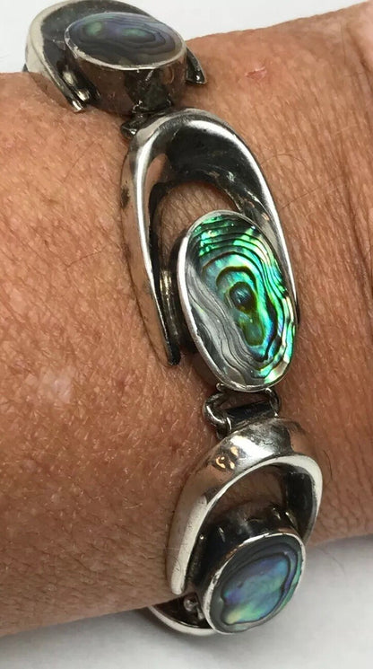 Vintage Artisan ND Sterling Silver 925 Abalone Shell Horse Shoe Link Bracelet