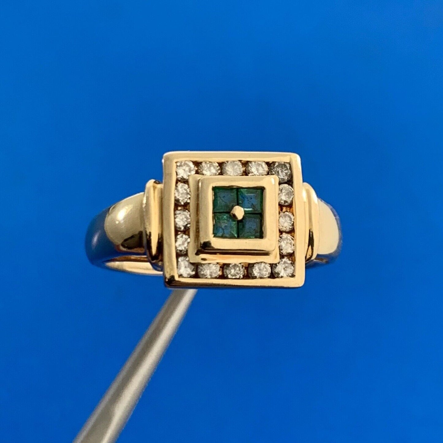 Designer 14K Yellow Gold Princess Quad Emerald Channel Set and Diamond Halo Ring