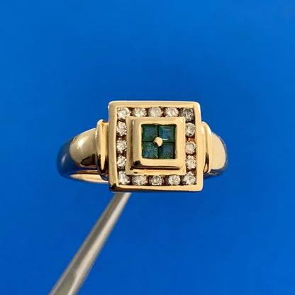 Designer 14K Yellow Gold Princess Quad Emerald Channel Set and Diamond Halo Ring