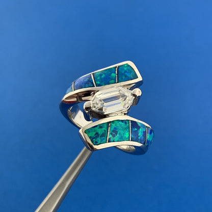 Designer 925 Sterling Silver Cubic Zirconia Opal Doublet Statement Bypass Ring