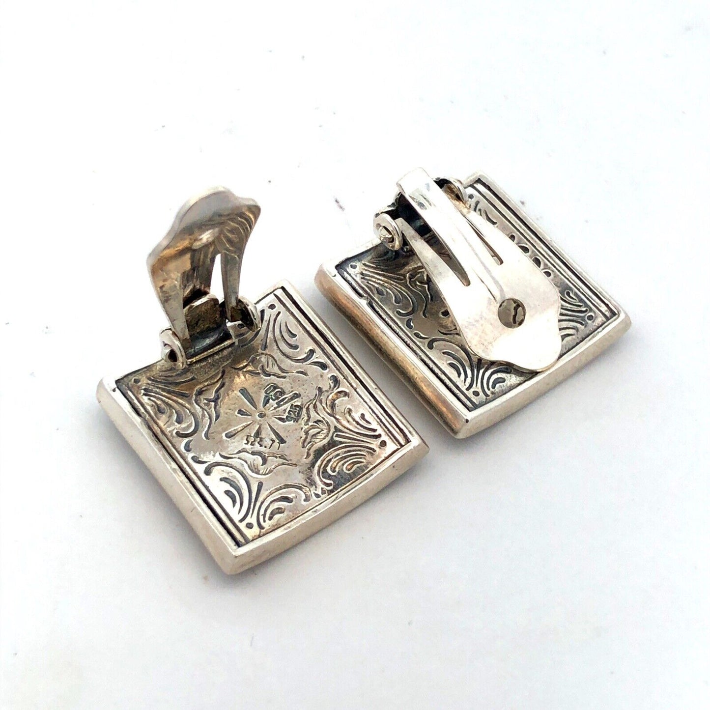 925 Sterling Silver 18K Yellow Gold Designer Floral Square Clip On Stud Earrings