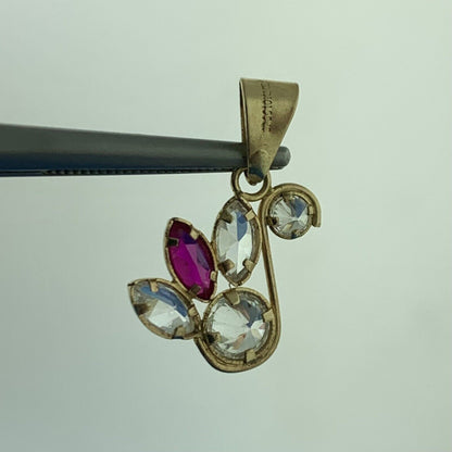 Vintage Mexico 10K Yellow Gold Ruby White Topaz Modernist Floral Dangle Pendant