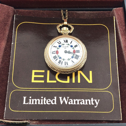 Elgin Gold Tone Ornate 17 Jewels Ladies Floral Pendant Watch With Chain Fob/Box