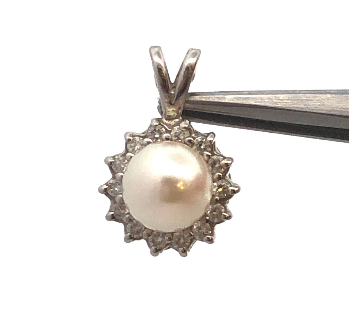 Designer BME 14K White Gold Round White Pearl Diamond Halo June Bridal Pendant