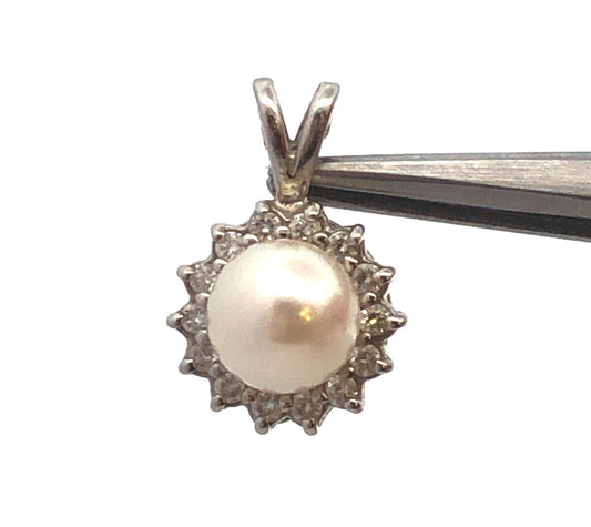 Designer BME 14K White Gold Round White Pearl Diamond Halo June Bridal Pendant