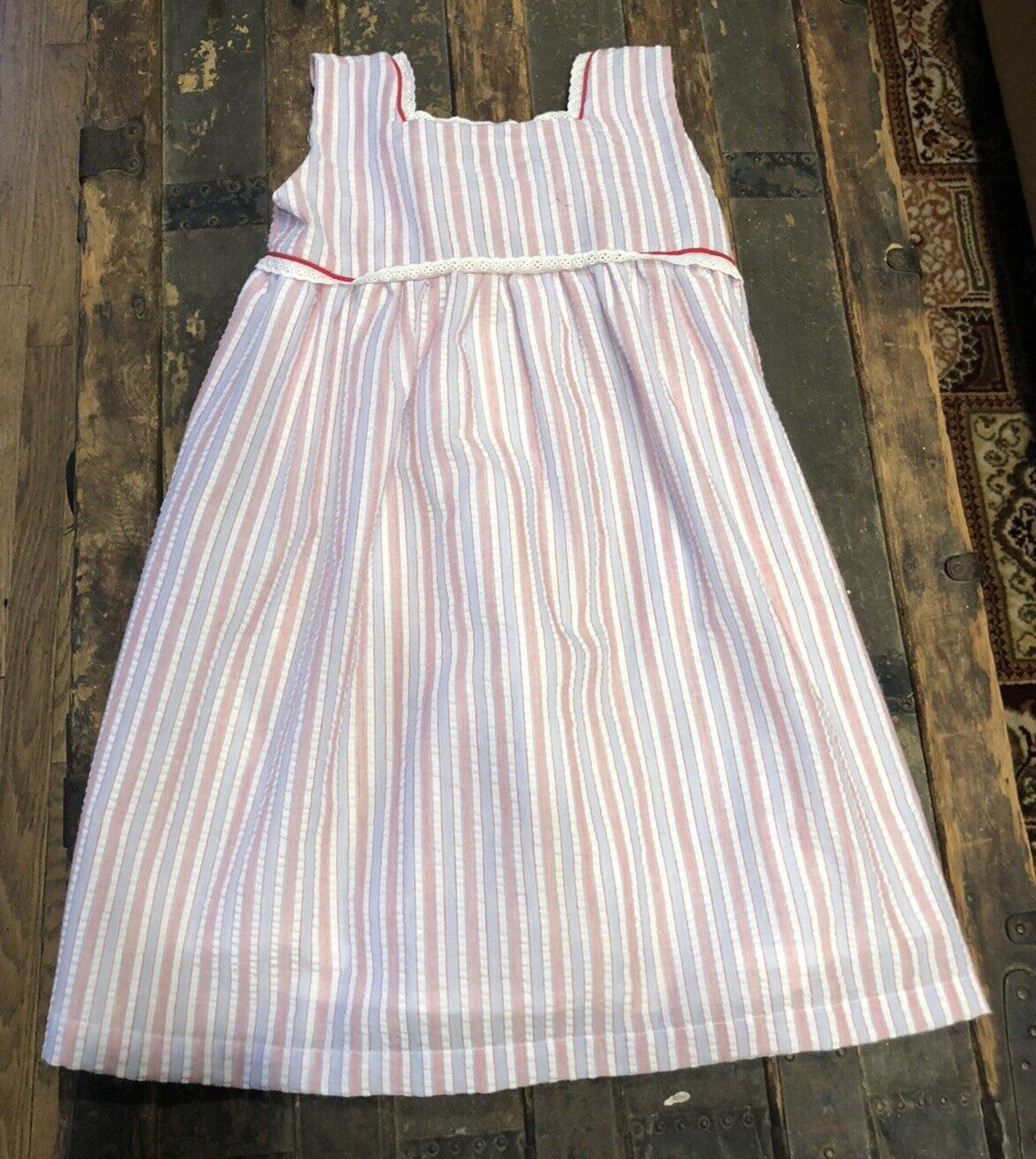 The Oaks Apparel Company Red White Blue Seersucker Girls Size 7 Lined Sundress
