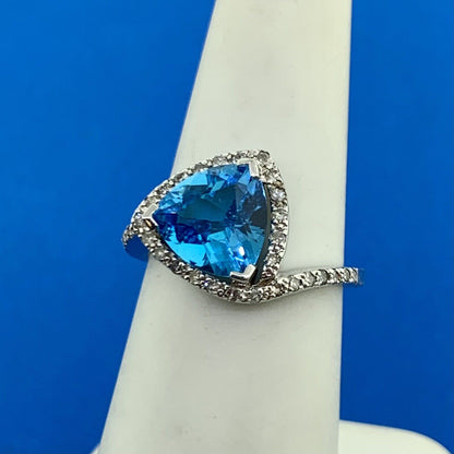 Designer 14K White Gold Trillion Cut Blue Topaz Diamond Accented Ring