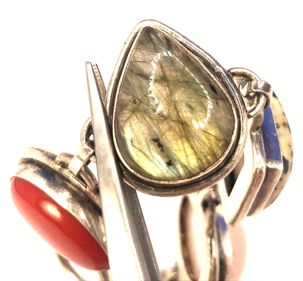 Multi Stone 925 Sterling Silver Chunky Statement Toggle Bracelet