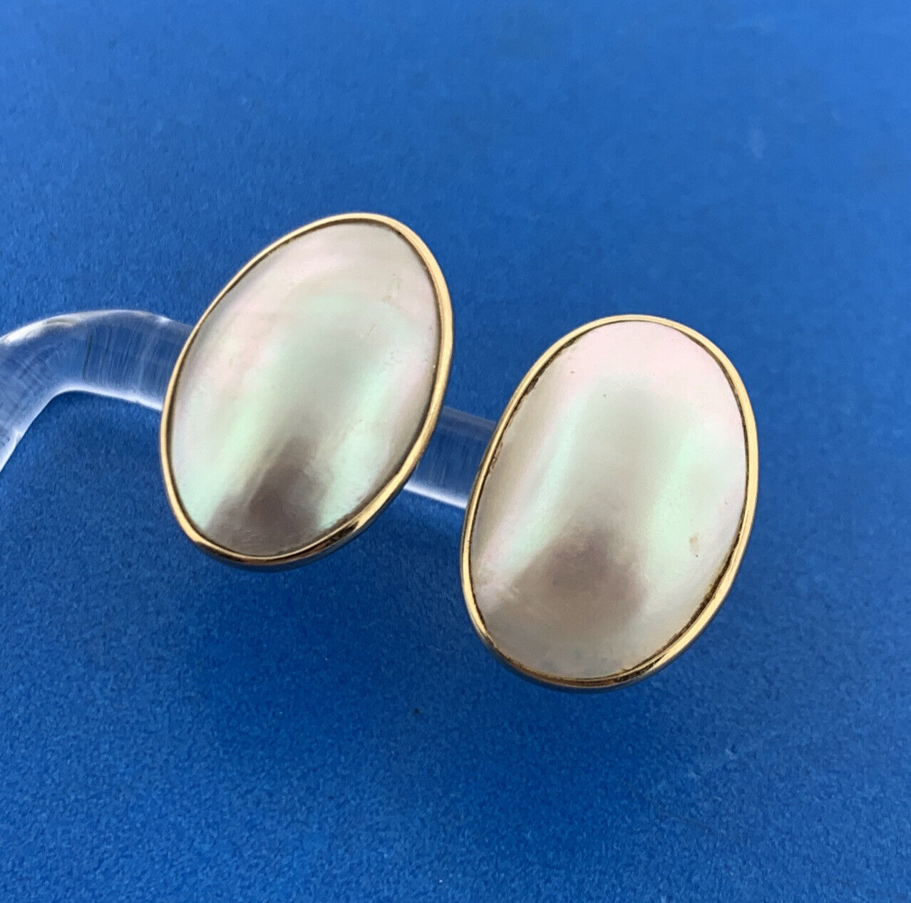 Designer 14K Yellow Gold Oval Mabe Pearl Statement Stud Earrings