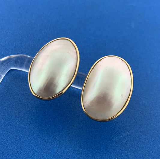 Designer 14K Yellow Gold Oval Mabe Pearl Statement Stud Earrings