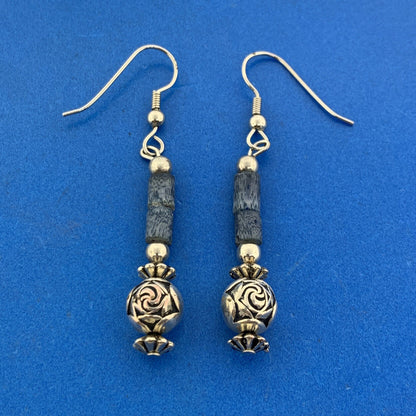 Silver Plated Lapis Lazuli Tubular Beads Rose Scroll Dangle Drop Earrings