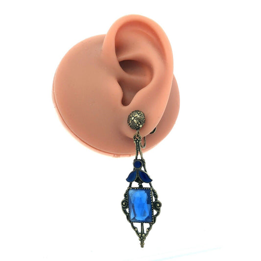 Antique Silver Tone Blue Glass Enamel Floral Scroll Dangle Screw Back Earrings