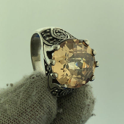 Vintage 925 Sterling Silver Cushion Cut Citrine CZ Statement Cocktail Ring