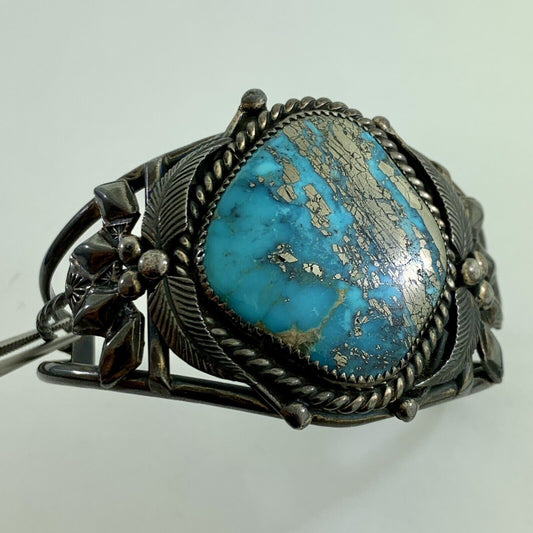 Signed Native American Sterling Silver Turquoise Statement Open Cuff Bracelet