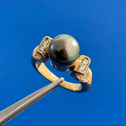 Estate 14K Yellow Gold Black Pearl Diamond Accented Statement Cocktail Ring