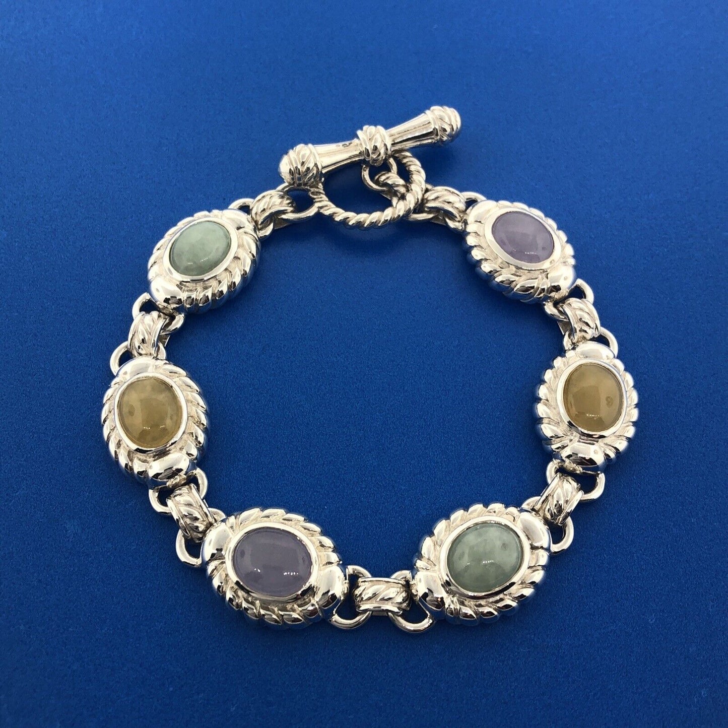 Sterling Silver Green Yellow Lavender Chalcedony Chakra Toggle Bracelet
