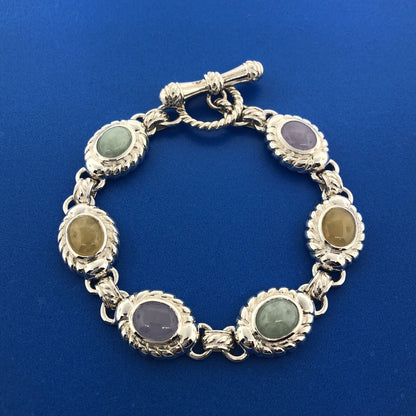Sterling Silver Green Yellow Lavender Chalcedony Chakra Toggle Bracelet