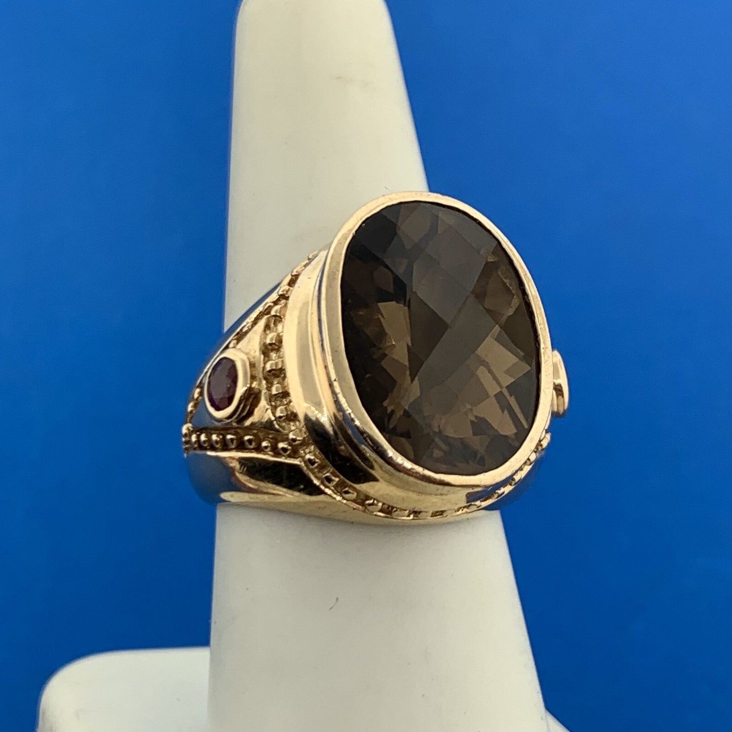 14K Yellow Gold Oval Cushion Cut Smoky Quartz Ruby Accented Statement Ring