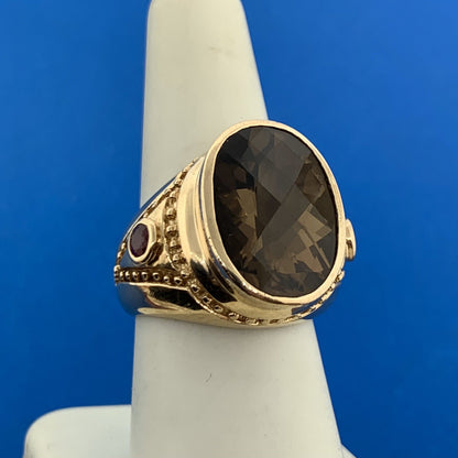 14K Yellow Gold Oval Cushion Cut Smoky Quartz Ruby Accented Statement Ring