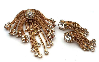Mid Century Gold Tone Rhinestone Mesh Chain Statement Brooch Earrings 3 Pc Set