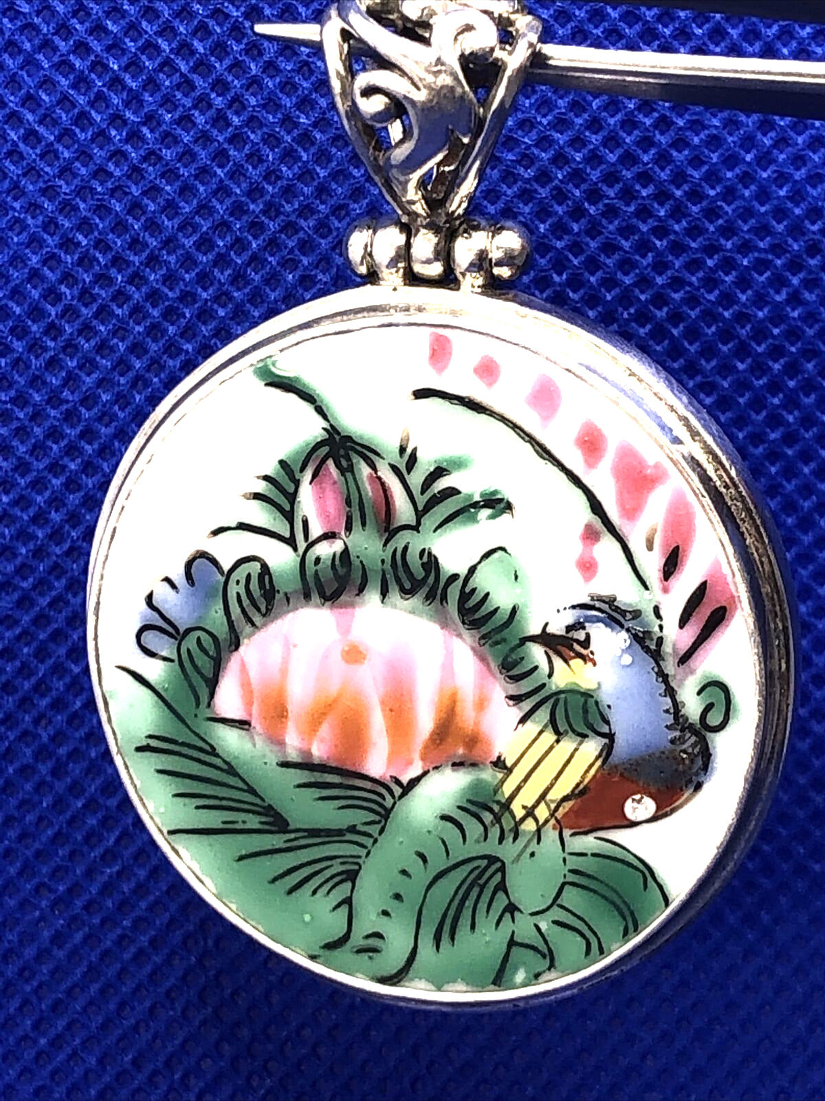 Designer Japanese 925 Sterling Silver Round Porcelain Hand Painted Pendant