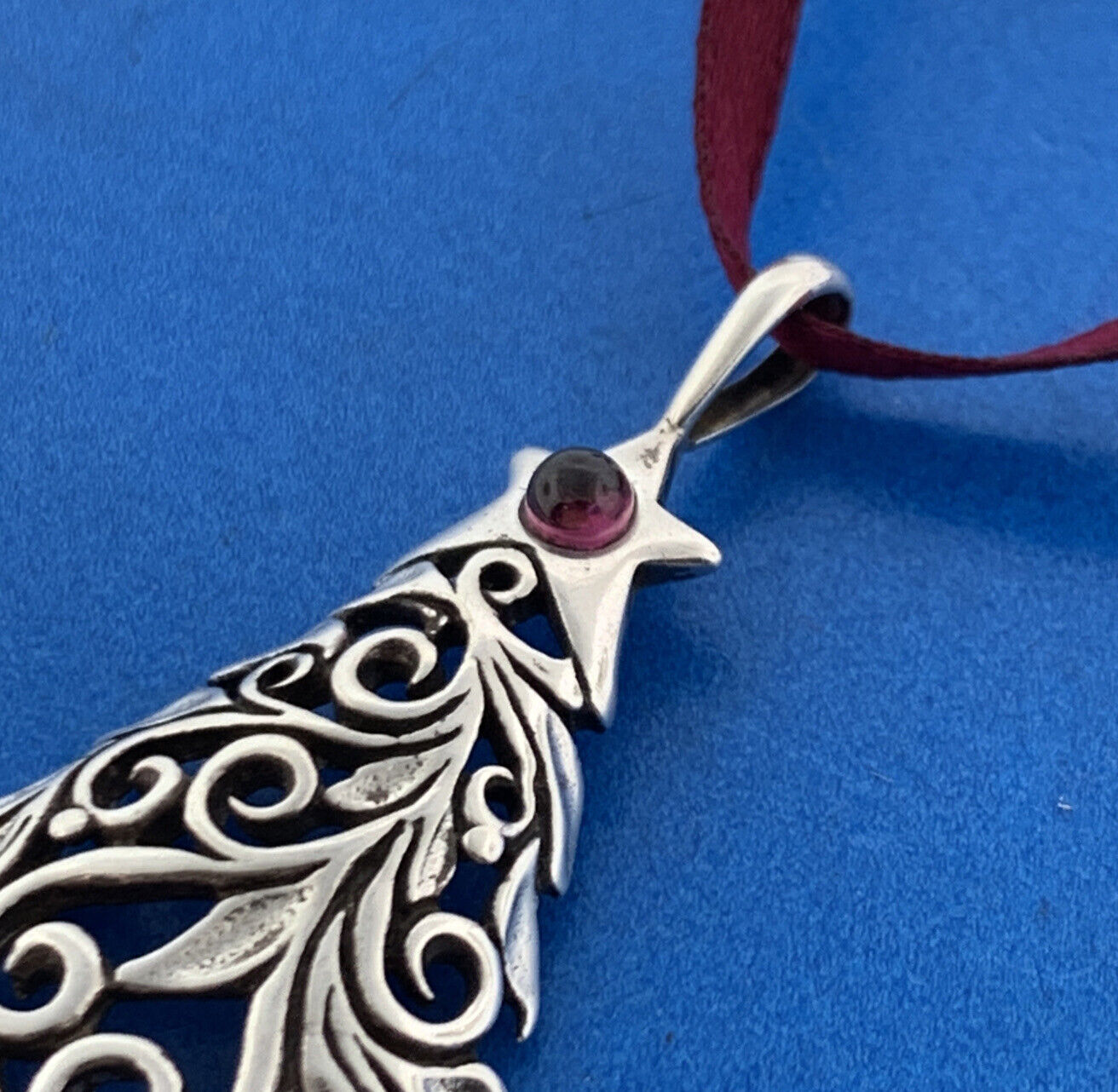 Designer Sterling Silver Amethyst Heart Scroll Christmas Tree Ornament Pendant