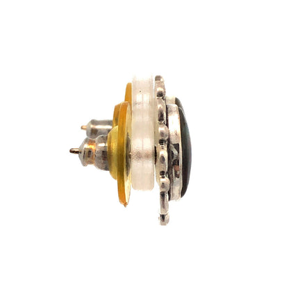 Vintage 925 Sterling Silver Oval Abalone Cabochon Beaded Scroll Stud Earrings