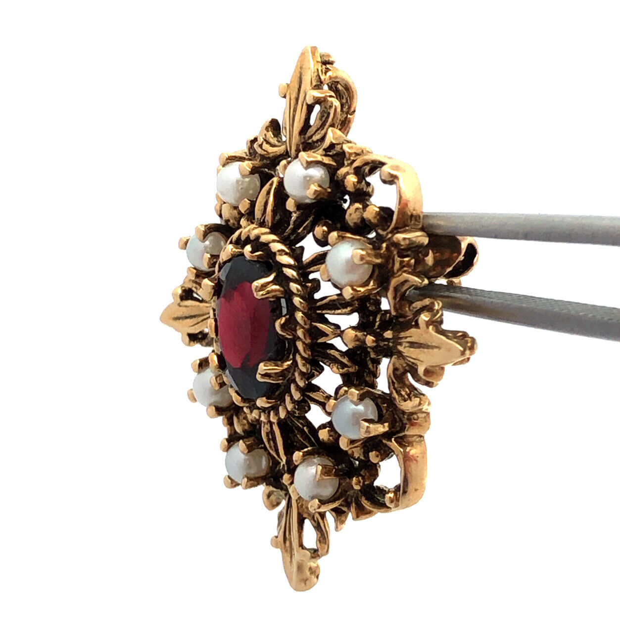 Vintage 14K Yellow Gold Oval Garnet Pearl Accented Statement Pendant