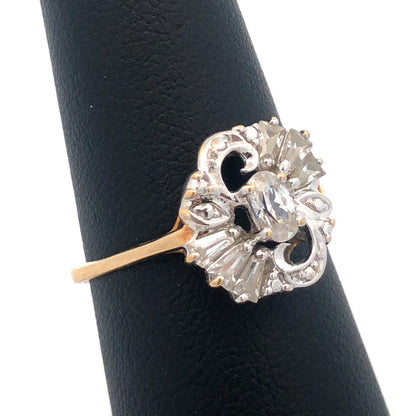 Estate 10K Yellow White Gold Oval CZ Baguette Accented Anniversary Ring
