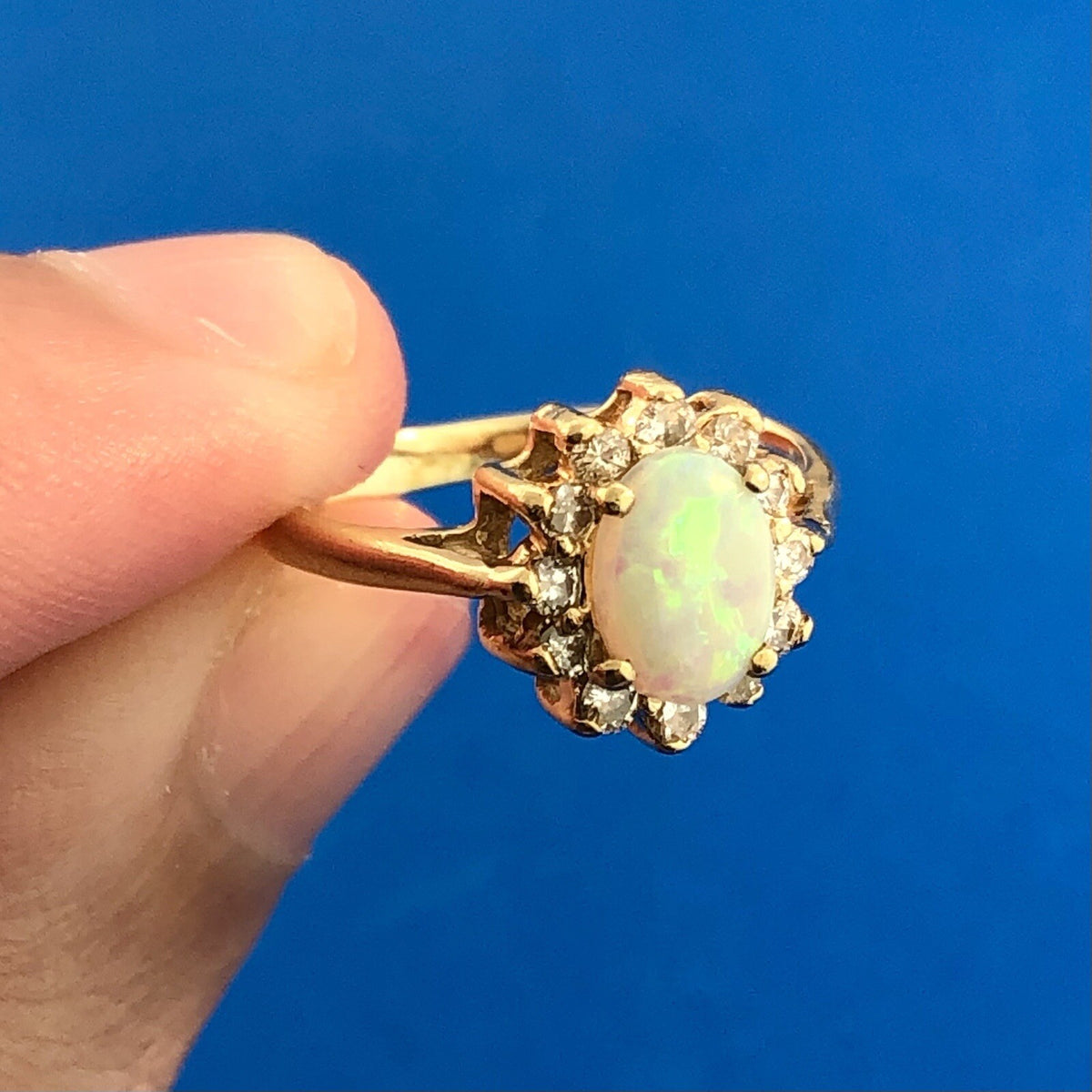 Estate 14K Yellow Gold Oval Opal Diamond Halo October Anniversary Cocktail Ring