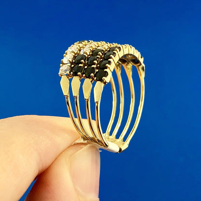 14K Yellow Gold Blue Sapphire Cubic Zirconia Cocktail Statement Stacker Ring