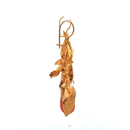 Estate Gold Tone Peach Quartz Rice Pearl Leaf & Vine Statement Drop Earrings