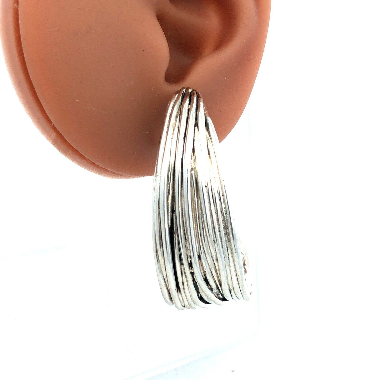 Estate Sterling Silver Textured Ribbed Modernist Drop Dangle Half Hoop Earrings
